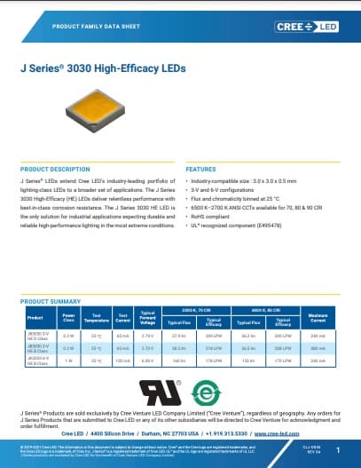 J Series® 3030 HE LEDs: Combine Efficacy & Reliability