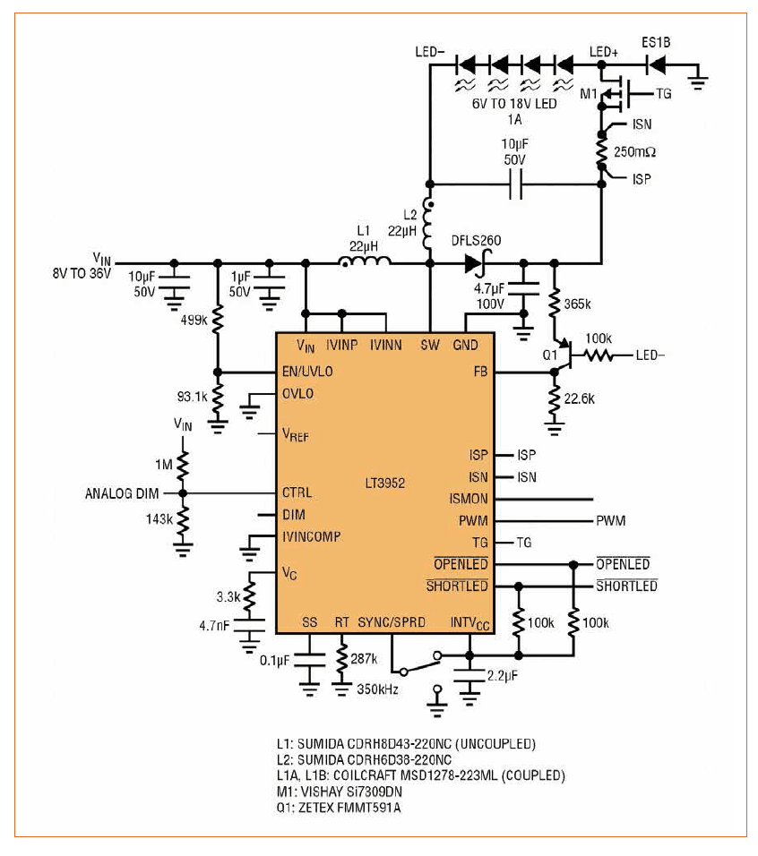 Boost-Buck LED Driver Topology for Low Input and Output Ripple for Low EMI by Linear Technology