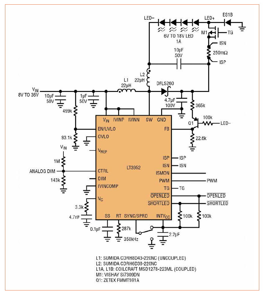Boost-Buck LED Driver Topology for Low Input and Output Ripple for Low EMI by Linear Technology